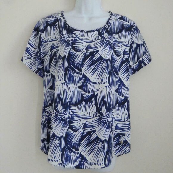 New HUGO BOSS Blue Multi Print Silk Zalinda Short Sleeve Blouse Top 42/6 - Picture 1 of 5